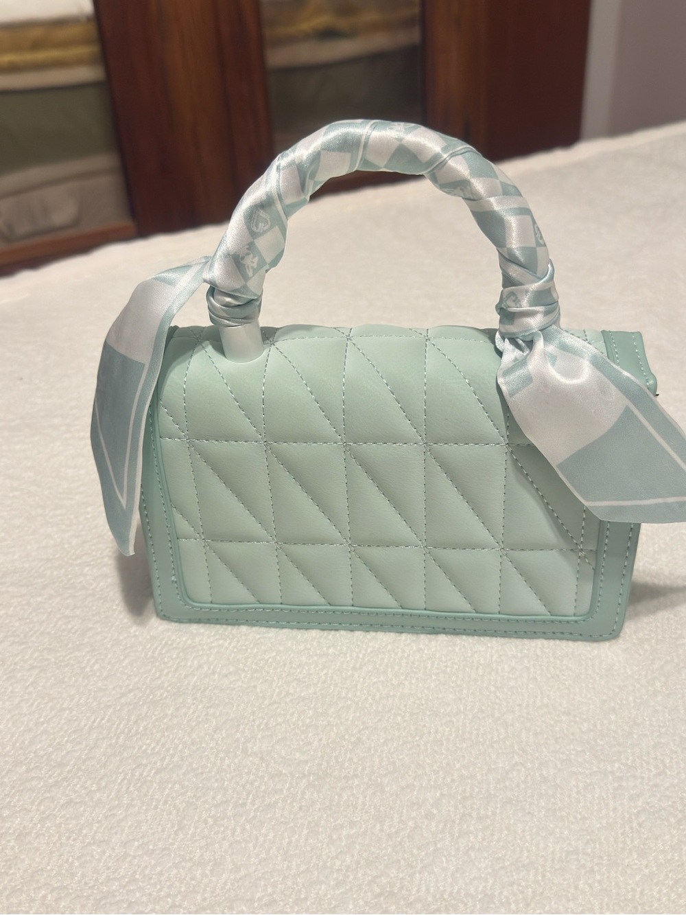 Mint Quilted Mini Top-Handle Bag with Floral Clasp - Picture 6 of 8